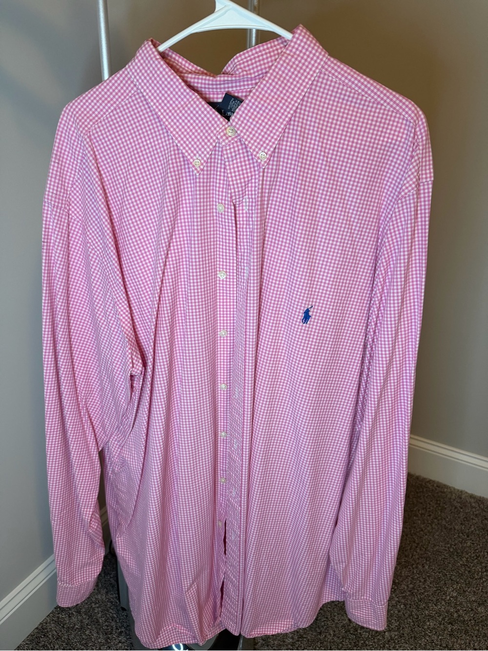 Ralph Lauren Pink Gingham Button-Down Shirt with Blue Polo Logo